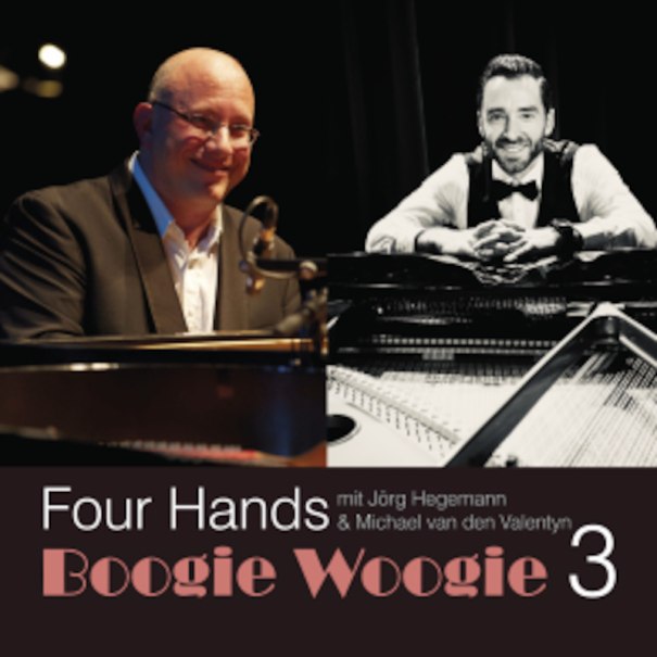 Zwei Pianisten spielen gemeinsam Boogie Woogie. Einer ist in Farbe, der andere in Schwarz-Weiß dargestellt. Der Titel lautet 'Four Hands Boogie Woogie 3'., © Touristik Bad Wildbad GmbH
