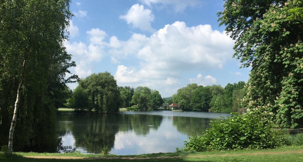 Ein idyllischer See umgeben von üppigem Grün und Bäumen unter einem klaren, blauen Himmel mit weißen Wolken., © www.pro-cycl.de Ein idyllischer See umgeben von üppigem Grün und Bäumen unter einem klaren, blauen Himmel mit weißen Wolken., © www.pro-cycl.de