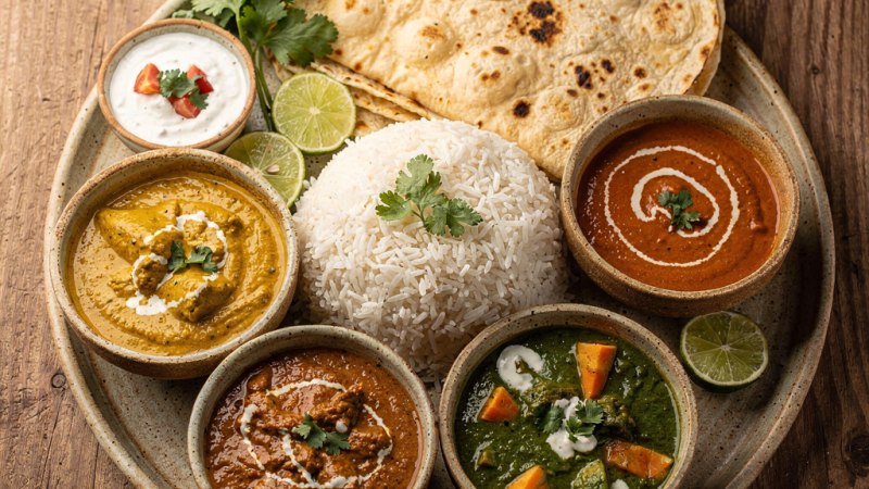 Ein Teller mit Reis, Fladenbrot und vier verschiedenen indischen Currys, garniert mit Limettenscheiben und Koriander., &copy; StadtN&uuml;rtingen