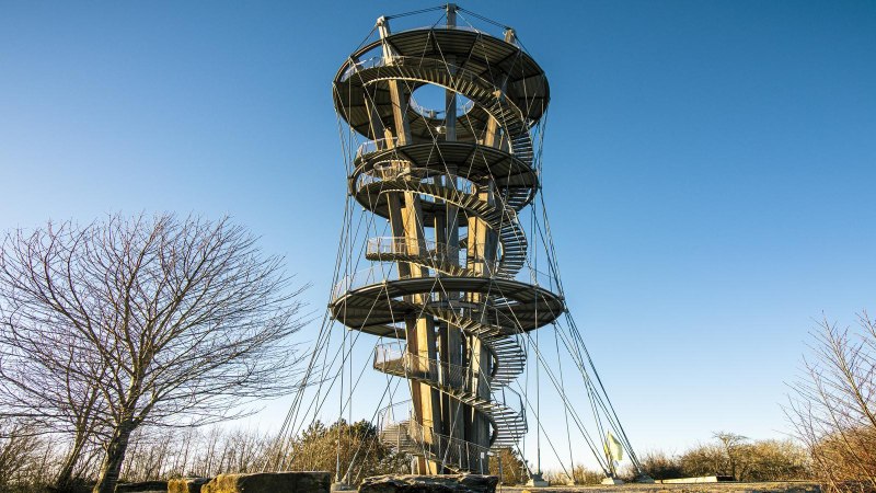 Der Schönbuchturm ragt in den blauen Himmel, umgeben von kahlen Bäumen und Sträuchern. Die spiralförmige Treppe ist gut sichtbar., © SMG, Sarah Schmid