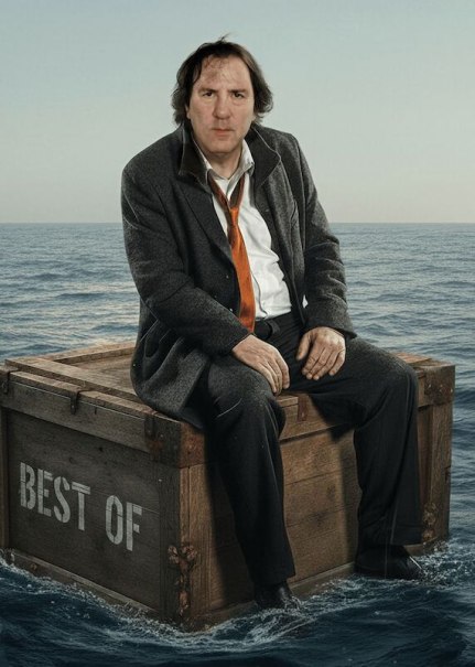 Ein Mann in Anzug und Krawatte sitzt auf einer Holzkiste mit der Aufschrift 'Best Of', die auf dem Meer schwimmt. Der Himmel ist klar und blau., © Stadthalle Leonberg Ein Mann in Anzug und Krawatte sitzt auf einer Holzkiste mit der Aufschrift 'Best Of', die auf dem Meer schwimmt. Der Himmel ist klar und blau., © Stadthalle Leonberg