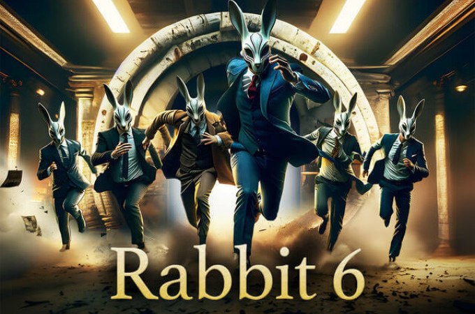 Sechs M&auml;nner in Anz&uuml;gen mit Hasenmasken rennen dynamisch durch einen beleuchteten Tunnel. Der Schriftzug 'Rabbit 6' ist im Vordergrund zu sehen., &copy; TeamEscape Stuttgart
