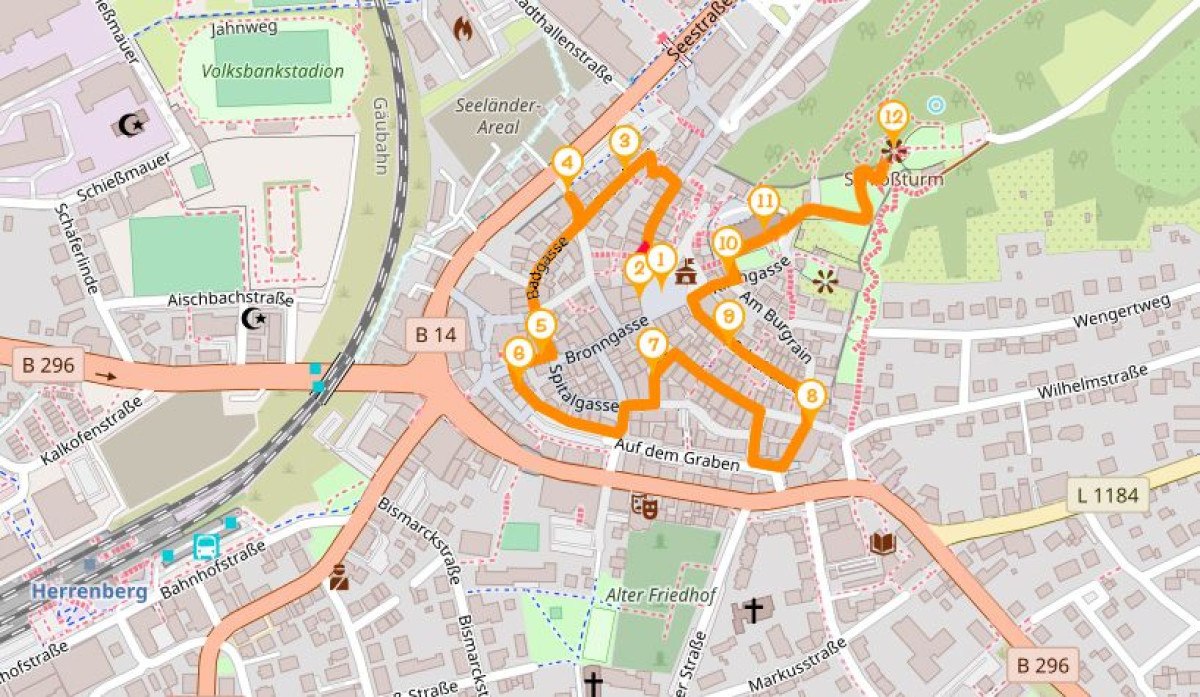 Karte von Herrenberg mit einer markierten Route f&uuml;r eine Stadttour. Die Route f&uuml;hrt durch verschiedene Stra&szlig;en und Sehensw&uuml;rdigkeiten der Stadt.