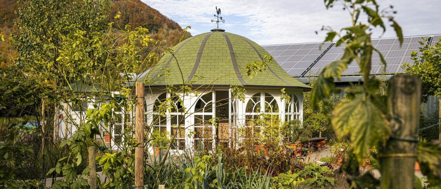 Ein Pavillon mit gr&uuml;nem Dach und Wetterfahne in einem &uuml;ppigen Kr&auml;utergarten, umgeben von Pflanzen und B&auml;umen. Im Hintergrund sind Solarpaneele zu sehen., &copy; SMG, Sarah Schmid