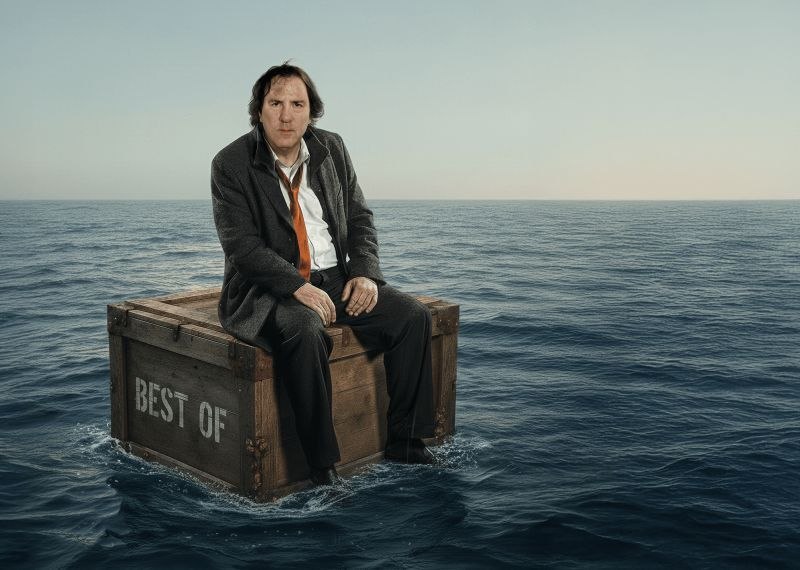 Eine Person in Anzug und Krawatte sitzt auf einer Holzkiste mit der Aufschrift 'Best Of', die im Meer schwimmt., © Stadthalle Leonberg Eine Person in Anzug und Krawatte sitzt auf einer Holzkiste mit der Aufschrift 'Best Of', die im Meer schwimmt., © Stadthalle Leonberg