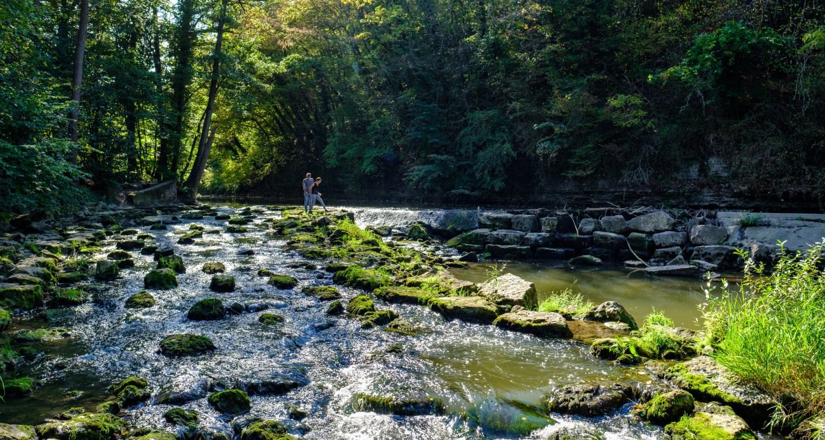Zwei Personen stehen auf einem moosbedeckten Flussbett der Rems, umgeben von dichtem Wald und Sonnenlicht., &copy; Remstal Tourismus e.V.