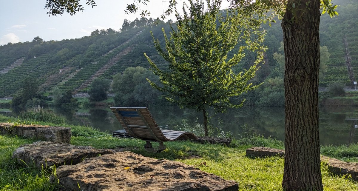Flusslandschaft mit Weinbergen, Bäumen und einer Holzbank im Vordergrund. Die Sonne scheint durch die Blätter., © Gemeinde Walheim Flusslandschaft mit Weinbergen, Bäumen und einer Holzbank im Vordergrund. Die Sonne scheint durch die Blätter., © Gemeinde Walheim