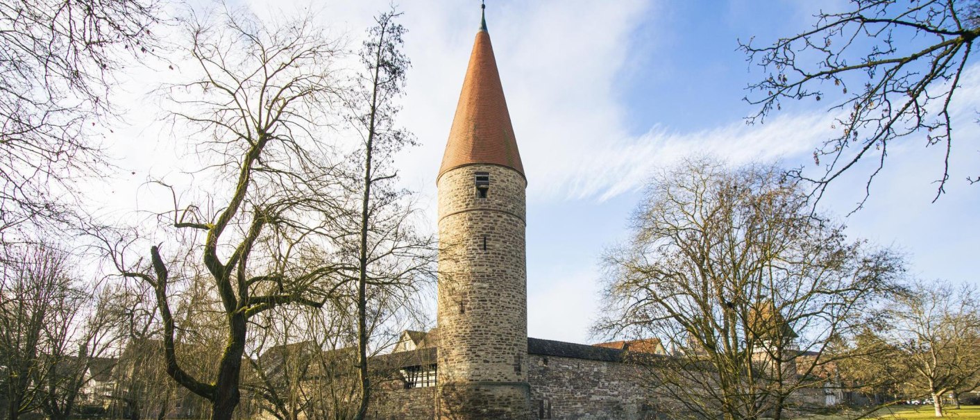 Der Rote Turm in Weil der Stadt erhebt sich majestätisch zwischen kahlen Bäumen unter einem klaren blauen Himmel., © SMG, Sarah Schmid Der Rote Turm in Weil der Stadt erhebt sich majestätisch zwischen kahlen Bäumen unter einem klaren blauen Himmel., © SMG, Sarah Schmid