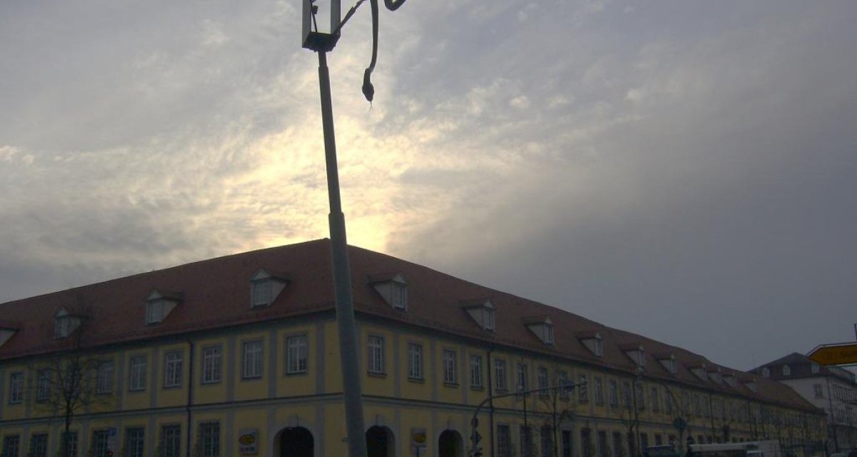 Eine Skulptur in Form einer Schlange windet sich um eine Laterne vor einem historischen Gebäude in Ludwigsburg. Der Himmel ist bewölkt., © Ludwigsburg - Stuttgart-Marketing GmbH Eine Skulptur in Form einer Schlange windet sich um eine Laterne vor einem historischen Gebäude in Ludwigsburg. Der Himmel ist bewölkt., © Ludwigsburg - Stuttgart-Marketing GmbH