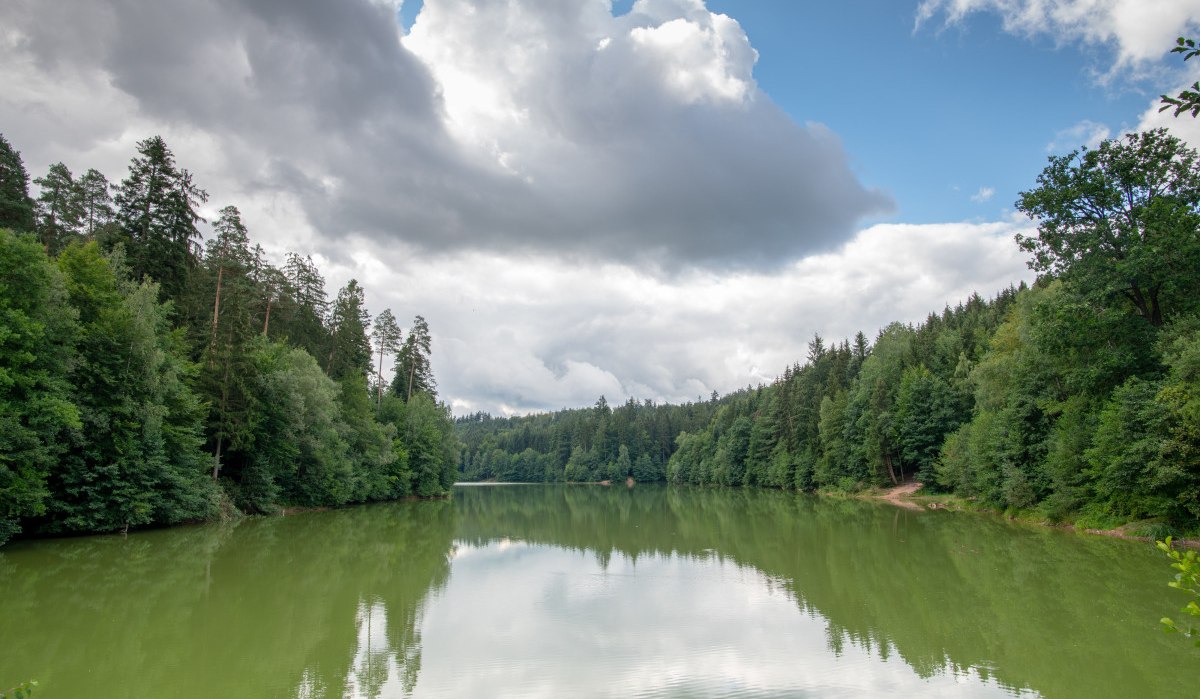 Der Herrenbachstausee in Schorndorf, umgeben von dichten Wäldern und reflektiert im ruhigen Wasser. Wolken ziehen über den blauen Himmel. Der Herrenbachstausee in Schorndorf, umgeben von dichten Wäldern und reflektiert im ruhigen Wasser. Wolken ziehen über den blauen Himmel.