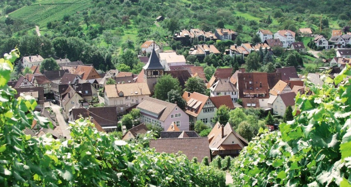 Dorf Str&uuml;mpfelbach mit roten D&auml;chern, umgeben von gr&uuml;nen Weinbergen und H&uuml;geln., &copy; Stadt Weinstadt