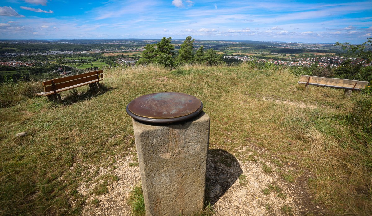 Aussichtspunkt mit zwei Bänken und einer Panoramatafel auf einem Hügel. Im Hintergrund weite Landschaft und blauer Himmel.