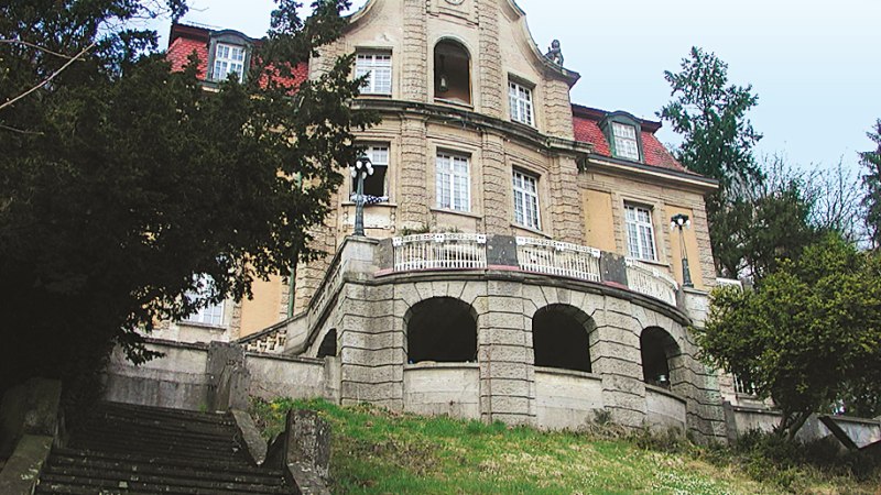 Historische Villa mit geschwungenem Dach, großen Fenstern und einer Treppe im Vordergrund, umgeben von Bäumen und Rasen., © Stuttgart-Marketing GmbH
