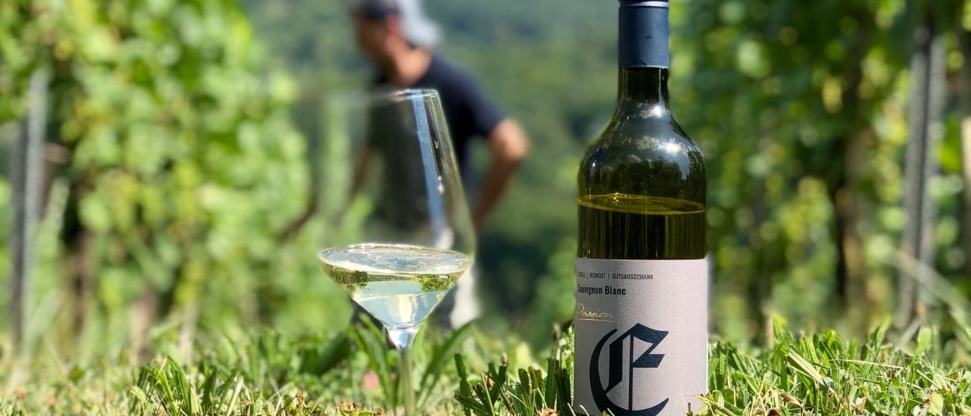 Weinflasche und Glas im Vordergrund auf Gras, unscharfe Person im Hintergrund im Weinberg., © Weingut Eißele Weinflasche und Glas im Vordergrund auf Gras, unscharfe Person im Hintergrund im Weinberg., © Weingut Eißele