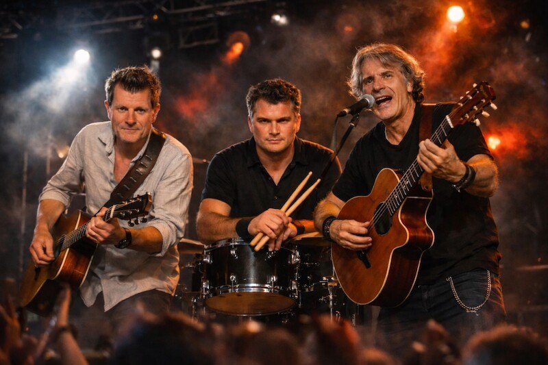 Drei Musiker performen auf einer B&uuml;hne mit Gitarren und Schlagzeugst&ouml;cken, umgeben von B&uuml;hnenbeleuchtung und Nebel., &copy; EMT Event-Media-Tec GmbH