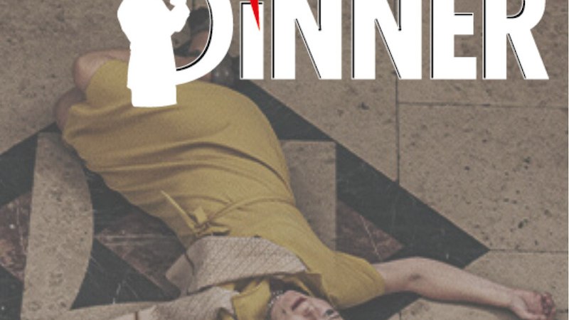 Frau in gelbem Kleid liegt dramatisch auf dem Boden. Darüber das Logo 'Das Kriminal Dinner' mit Silhouette eines Detektivs., © engesser marketing GmbH