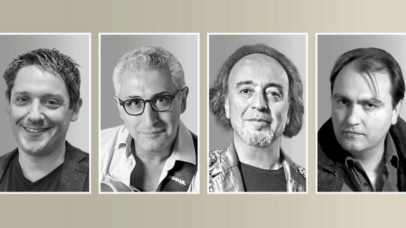 Vier Männer in schwarz-weiß Porträts nebeneinander, jeder in einem eigenen Rahmen. Sie blicken direkt in die Kamera., © Foto Lorenzo Petrocca Vier Männer in schwarz-weiß Porträts nebeneinander, jeder in einem eigenen Rahmen. Sie blicken direkt in die Kamera., © Foto Lorenzo Petrocca