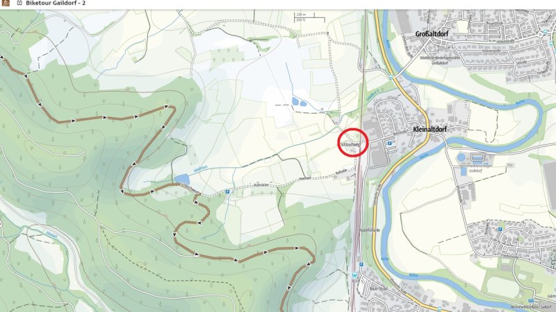 Karte von Gaildorf zeigt eine Fahrradtour mit markierter Sperrung bei Kleinaltdorf. Wege und Landschaft sind detailliert dargestellt., © Stadt Gaildorf Karte von Gaildorf zeigt eine Fahrradtour mit markierter Sperrung bei Kleinaltdorf. Wege und Landschaft sind detailliert dargestellt., © Stadt Gaildorf