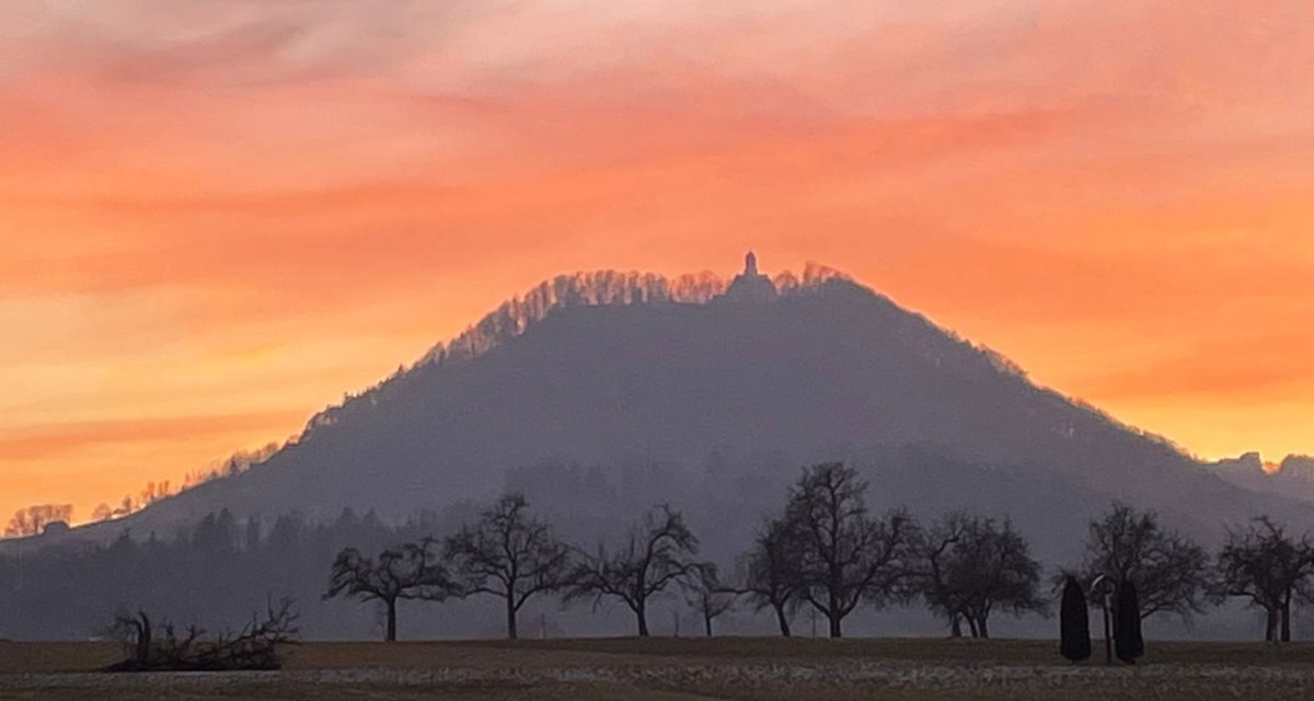 H&uuml;gel im Sonnenuntergang, Silhouette von B&auml;umen im Vordergrund, Himmel in Orange- und Rosat&ouml;nen., &copy; Foto: Cornelia Steinbach