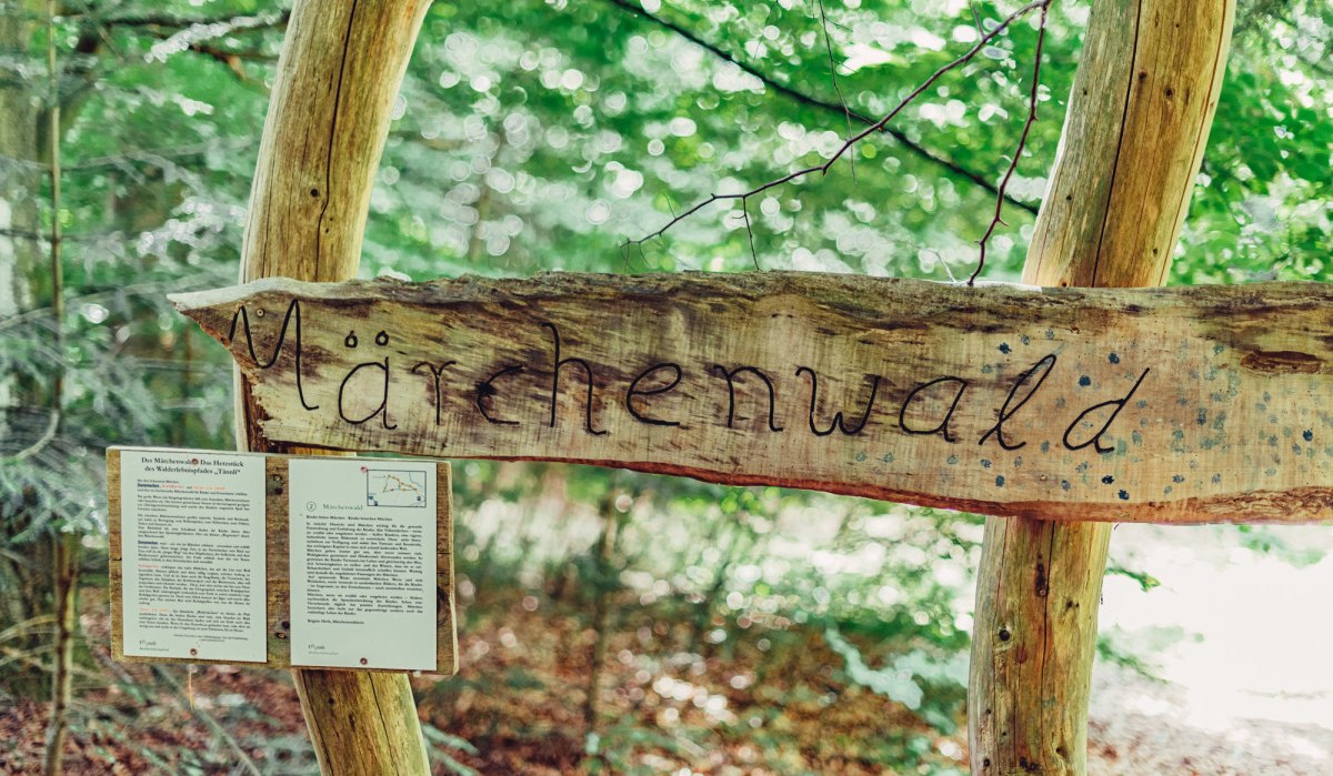 Ein Holzschild mit der Aufschrift 'Märchenwald' hängt an einem Baum im Wald. Darunter sind zwei Infotafeln angebracht., © Tourismus Ostalb Ein Holzschild mit der Aufschrift 'Märchenwald' hängt an einem Baum im Wald. Darunter sind zwei Infotafeln angebracht., © Tourismus Ostalb