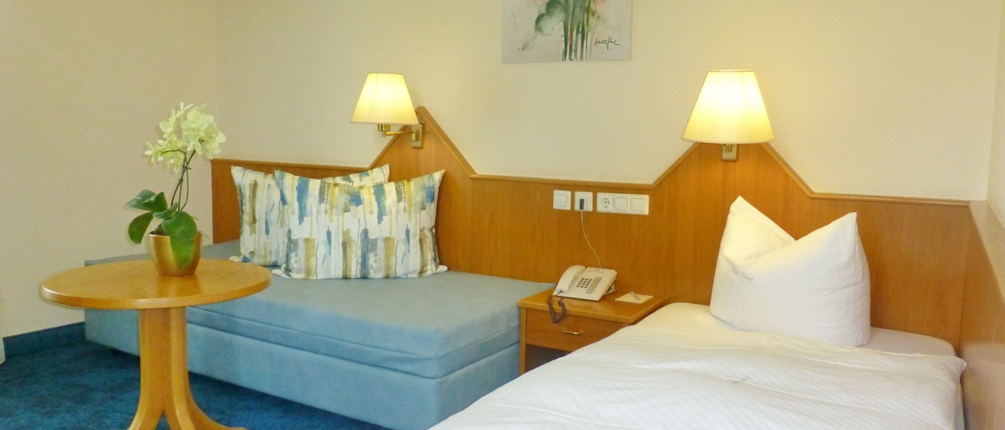 Ein gemütliches Einzelzimmer mit einem Bett, einem kleinen Sofa, einem runden Holztisch und einer Tischlampe. An der Wand hängt ein Blumenbild., © Hotel & Restaurant Sonne