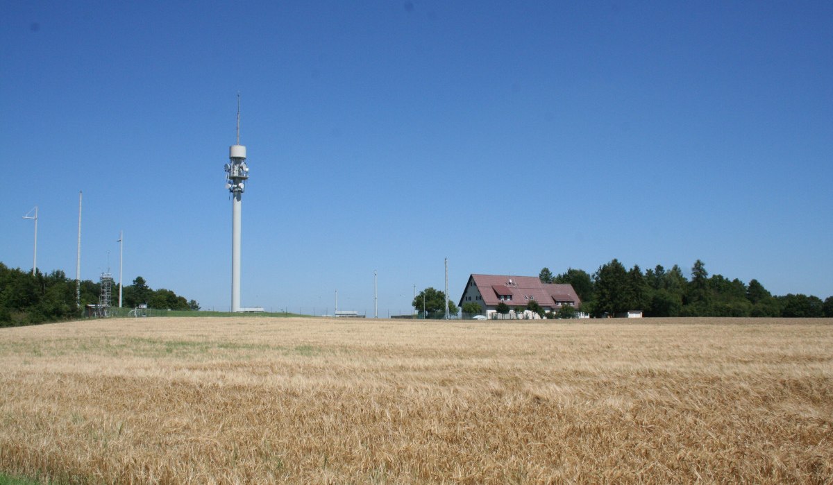 Ein weites Feld mit einem Sendeturm und einem Haus im Hintergrund unter klarem, blauem Himmel., © Natur.Nah. Schönbuch & Heckengäu Ein weites Feld mit einem Sendeturm und einem Haus im Hintergrund unter klarem, blauem Himmel., © Natur.Nah. Schönbuch & Heckengäu