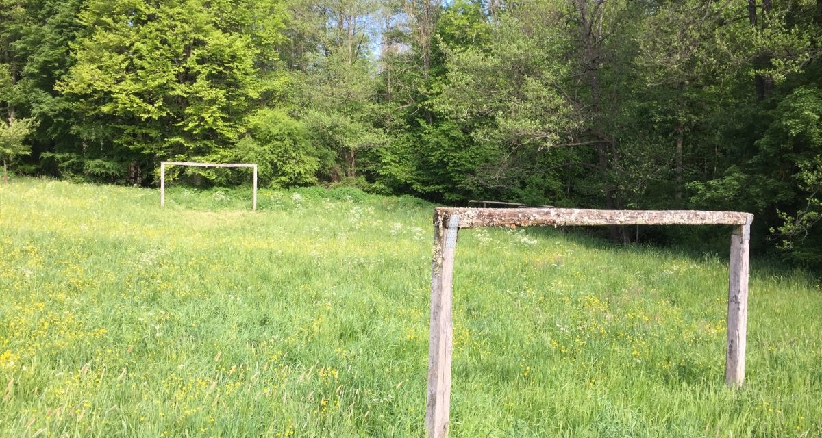 Ein altes, verwittertes Fußballtor steht auf einer grünen Wiese, umgeben von dichten Bäumen. Die Szene wirkt ruhig und naturbelassen., © www.pro-cycl.de Ein altes, verwittertes Fußballtor steht auf einer grünen Wiese, umgeben von dichten Bäumen. Die Szene wirkt ruhig und naturbelassen., © www.pro-cycl.de