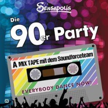 Bunte Grafik für eine 90er-Party mit Kassette und tanzender Menge. Text: 'A MIX TAPE mit dem Soundforceteam. EVERYBODY DANCE NOW!', © links im Bild