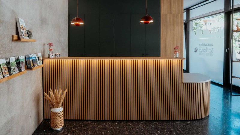 Ein stilvoller Empfangsbereich mit einer Holztheke, dekorativen Lampen und Brosch&uuml;renregalen an der Wand., &copy; Nik Ebert