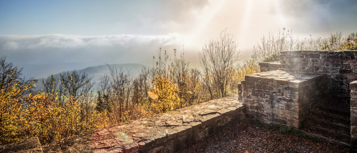 Ruinen der Burgruine Hohenstaufen, umgeben von herbstlichen Bäumen. Nebel und Sonnenstrahlen im Hintergrund schaffen eine mystische Atmosphäre., © Stuttgart-Marketing GmbH, Martina Denker Ruinen der Burgruine Hohenstaufen, umgeben von herbstlichen Bäumen. Nebel und Sonnenstrahlen im Hintergrund schaffen eine mystische Atmosphäre., © Stuttgart-Marketing GmbH, Martina Denker