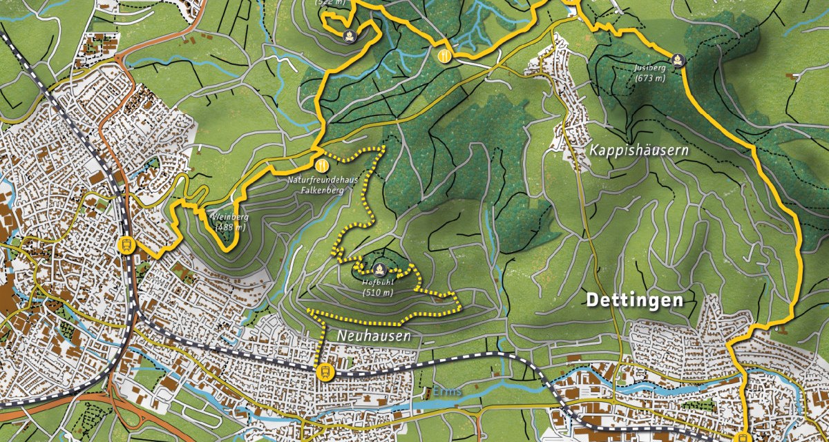 Karte von Metzingen und Umgebung mit markierten Wanderwegen, Orten wie Kohlberg, Dettingen und Sehenswürdigkeiten wie dem Naturfreundehaus Falkenberg.