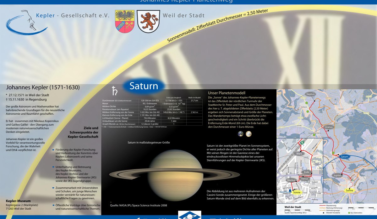 Infotafel über Saturn am Johannes-Kepler-Planetenweg mit Daten zu Saturn, Johannes Kepler und einer Karte des Planetenwegs., © Natur.Nah. Schönbuch & Heckengäu Infotafel über Saturn am Johannes-Kepler-Planetenweg mit Daten zu Saturn, Johannes Kepler und einer Karte des Planetenwegs., © Natur.Nah. Schönbuch & Heckengäu