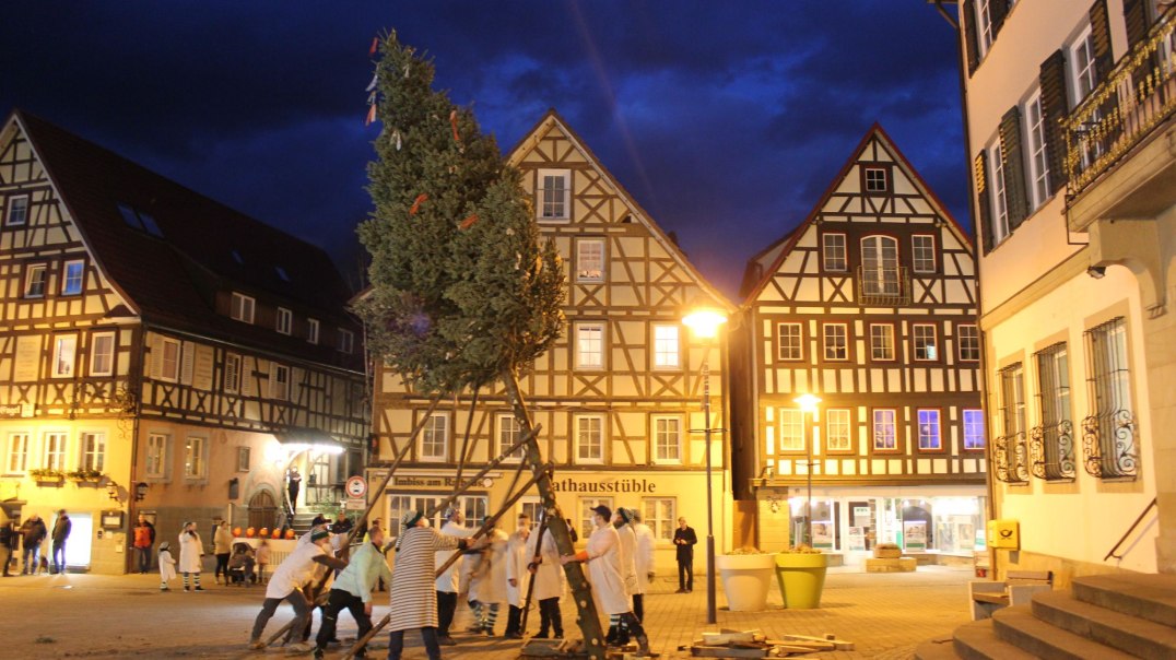 Menschen in weißen Kitteln stellen einen Baum auf einem Platz mit Fachwerkhäusern auf. Der Himmel ist dunkel, und die Szene ist beleuchtet.