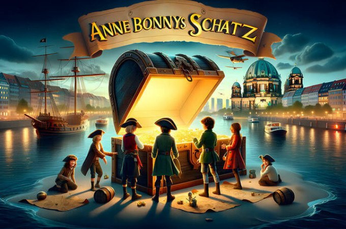 Kinder in Piratenkost&uuml;men stehen um eine leuchtende Schatztruhe auf einer kleinen Insel. Im Hintergrund sind Schiffe und eine Stadt zu sehen., &copy; TeamEscape Stuttgart