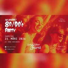 Werbung f&uuml;r die Original 80s/90s-Party im Schongauer F&uuml;rst am 21. M&auml;rz 2026 mit DJ Jens Herzberg. Fr&ouml;hliche Menschen tanzen im Hintergrund., &copy; links im Bild