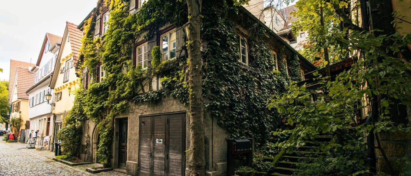 Ein charmantes Fachwerkhaus in Esslingen, dessen Fassade von dichtem Efeu bedeckt ist. Die enge Gasse ist mit Kopfsteinpflaster ausgelegt., © Stuttgart-Marketing GmbH, Sarah Schmid Ein charmantes Fachwerkhaus in Esslingen, dessen Fassade von dichtem Efeu bedeckt ist. Die enge Gasse ist mit Kopfsteinpflaster ausgelegt., © Stuttgart-Marketing GmbH, Sarah Schmid