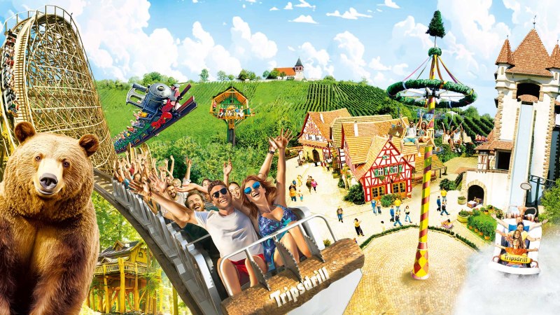 Collage von Attraktionen im Freizeitpark Tripsdrill: Achterbahn, Bär, Wasserrutsche und fröhliche Besucher in traditioneller Umgebung., © Erlebnispark Tripsdrill GmbH & Co. KG