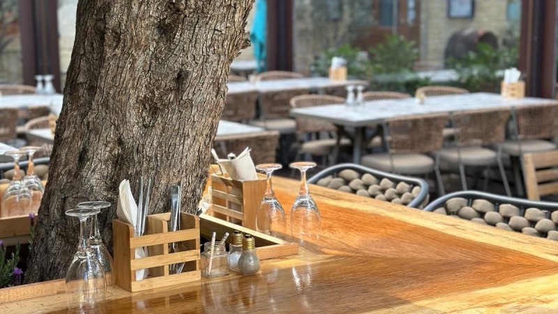 Ein Restauranttisch im Freien mit einem Baum in der Mitte, umgeben von Stühlen. Der Tisch ist gedeckt mit Gläsern und Besteck., © ©Meze Meze Ein Restauranttisch im Freien mit einem Baum in der Mitte, umgeben von Stühlen. Der Tisch ist gedeckt mit Gläsern und Besteck., © ©Meze Meze