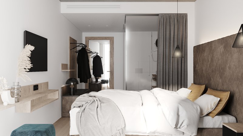 Modernes Hotelzimmer mit Doppelbett, grauen Vorhängen, TV, Kleiderstange und stilvoller Dekoration., © LOOM Hotel & Skybar