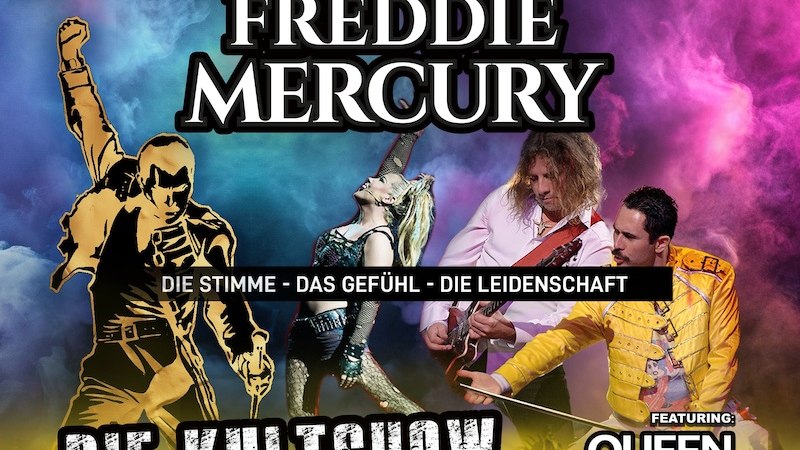 Poster der Show 'The Spirit of Freddie Mercury' mit Performern, buntem Hintergrund und Text: 'Die Stimme - Das Gefühl - Die Leidenschaft'. Featuring Queen Sensation., © Pura Vida Theater und Musical GmbH Poster der Show 'The Spirit of Freddie Mercury' mit Performern, buntem Hintergrund und Text: 'Die Stimme - Das Gefühl - Die Leidenschaft'. Featuring Queen Sensation., © Pura Vida Theater und Musical GmbH