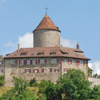 Burg Reichenberg in Oppenweiler, umgeben von grünen Bäumen und blauem Himmel. Der runde Turm und das Hauptgebäude sind aus Stein mit roten Dächern., © FVG Schwäbischer Wald