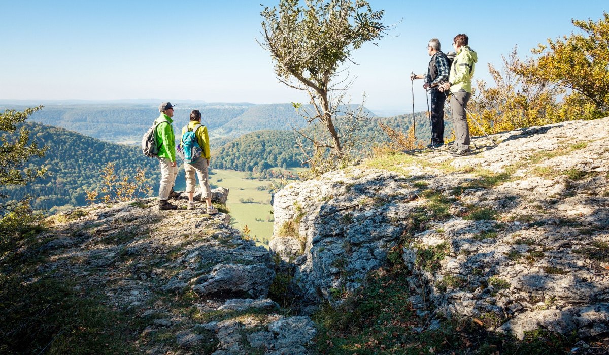 Vier Wanderer stehen auf einem Felsvorsprung am Breitenstein und genießen die Aussicht auf die bewaldete Landschaft unter einem klaren blauen Himmel., © hochgehberge