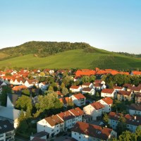 Blick auf Fellbach mit roten Dächern und grünen Weinbergen im Hintergrund bei klarem Himmel.