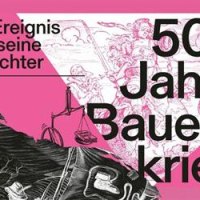 Plakat mit Text 'Ein Ereignis und seine Gesichter. 500 Jahre Bauernkrieg' auf pinkem Hintergrund, mit historischen Illustrationen., © Stadt Böblingen, Amt für Kultur / Deutsches Bauernkriegsmuseum