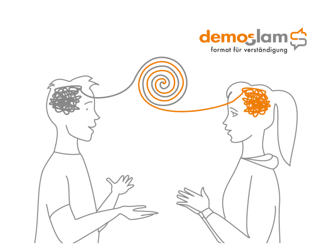 Zwei Personen kommunizieren, ihre Gedanken sind als Linien dargestellt, die sich spiralförmig verbinden. Oben rechts steht "demoslam - format für verständigung"., © Kunsthalle Göppingen Zwei Personen kommunizieren, ihre Gedanken sind als Linien dargestellt, die sich spiralförmig verbinden. Oben rechts steht "demoslam - format für verständigung"., © Kunsthalle Göppingen