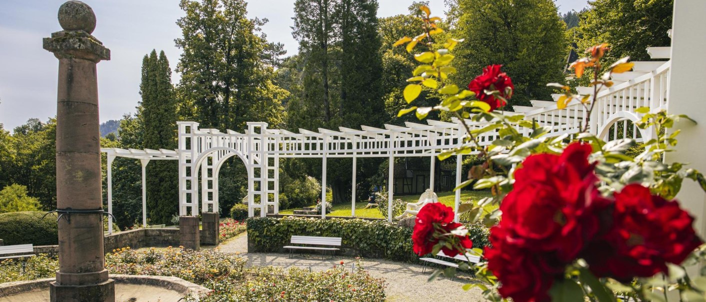 Ein Rosengarten mit roten Rosen im Vordergrund, einer weißen Pergola und einer Statue im Hintergrund. Bäume umgeben den Garten., © Stuttgart-Marketing GmbH, Sarah Schmid Ein Rosengarten mit roten Rosen im Vordergrund, einer weißen Pergola und einer Statue im Hintergrund. Bäume umgeben den Garten., © Stuttgart-Marketing GmbH, Sarah Schmid