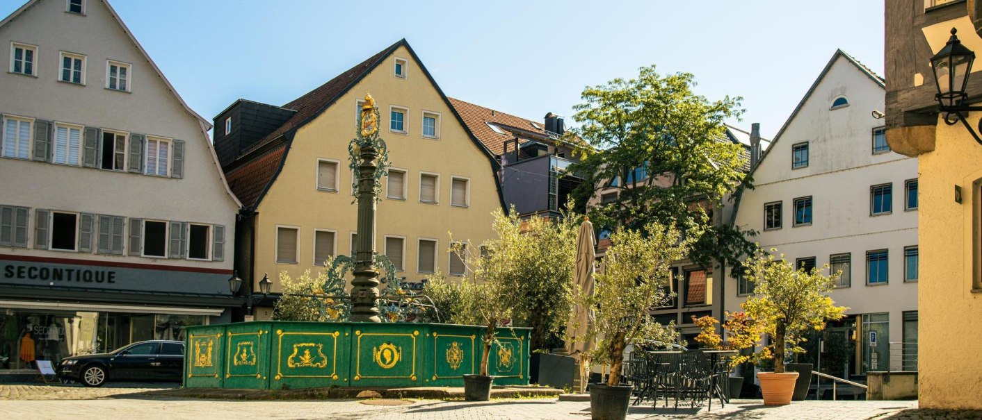 Der Marktplatz in Nürtingen zeigt einen historischen Brunnen umgeben von Fachwerkhäusern und Bäumen unter klarem Himmel., © Stuttgart-Marketing GmbH, Sarah Schmid