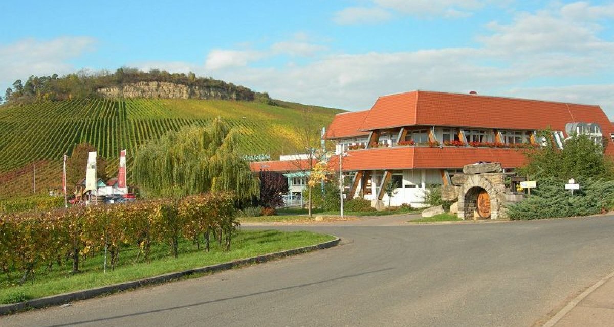 Die Felsengartenkellerei Besigheim mit modernem Gebäude und umliegenden Weinbergen unter blauem Himmel., © Outdooractive Redaktion Die Felsengartenkellerei Besigheim mit modernem Gebäude und umliegenden Weinbergen unter blauem Himmel., © Outdooractive Redaktion
