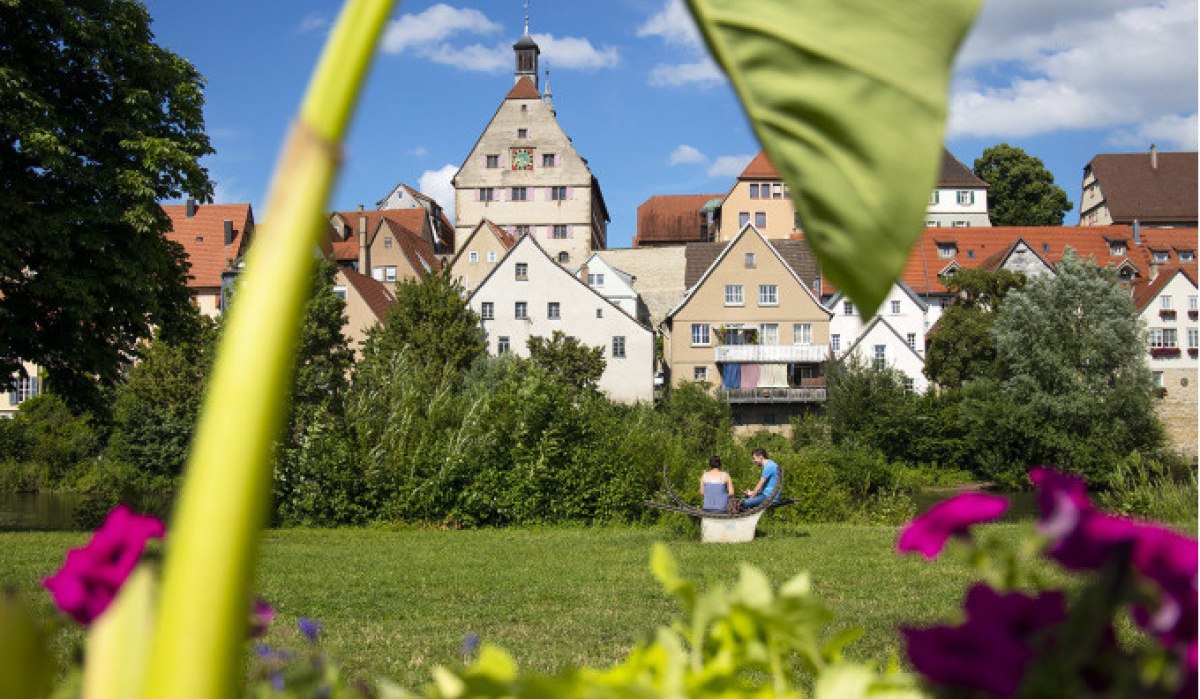 Historische Altstadt von Besigheim mit Fachwerkhäusern, umgeben von grüner Natur und bunten Blumen im Vordergrund., © Stadt Besigheim