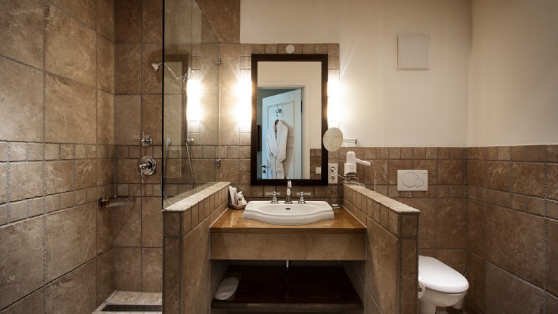 Modernes Badezimmer mit begehbarer Dusche, Waschbecken und Toilette. Die Wände sind mit braunen Fliesen verkleidet, ein Spiegel hängt über dem Waschbecken., © TOMAS